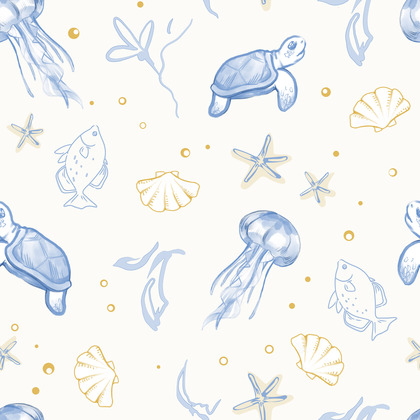 满印矢量图海洋鱼水母海龟艺术效果卡通图案